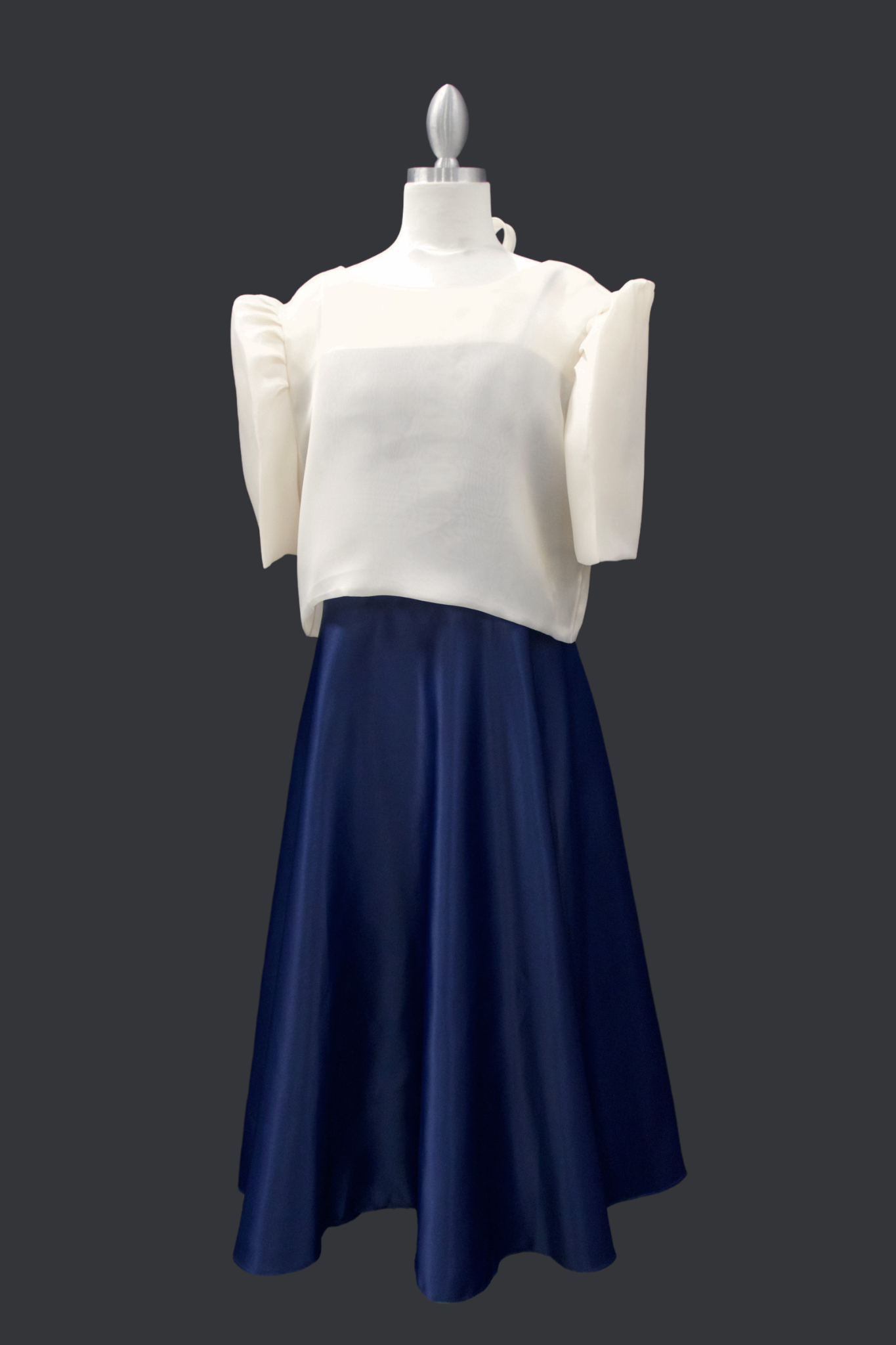 "Sarah" Bow Blouse & Midi Dress Set - Beige/Navy