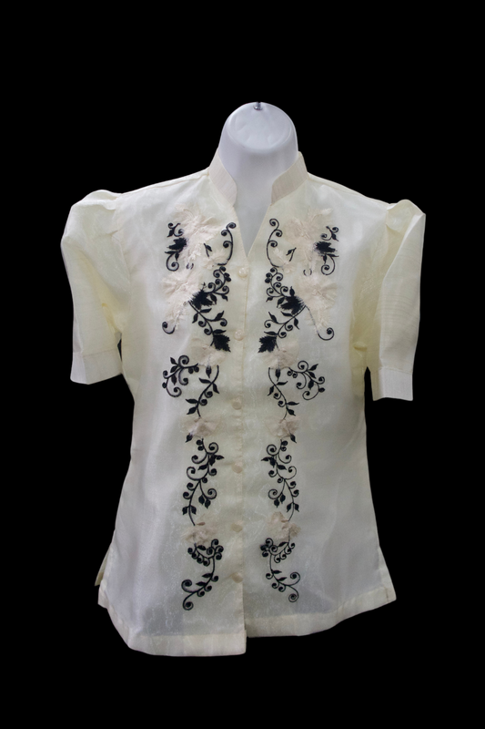 3/4 Puff Sleeve Barong Blouse - Beige/Black