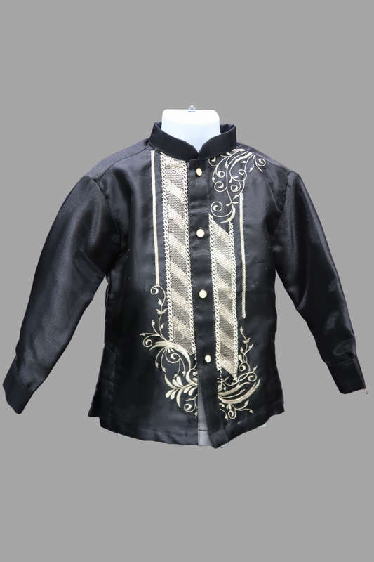 Kid's Organza Black Barong - Mandarin Collar