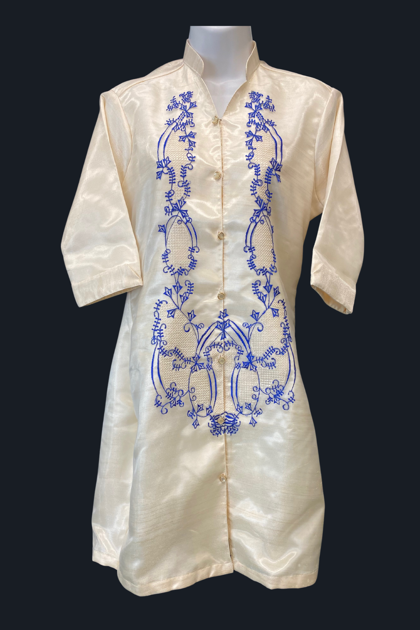 3/4 Sleeve Satin Barong Dress - Beige/Royal Blue CMC Boutique LV 3/4 Sleeve Satin Barong Dress - Beige/Royal Blue CMC Boutique LV