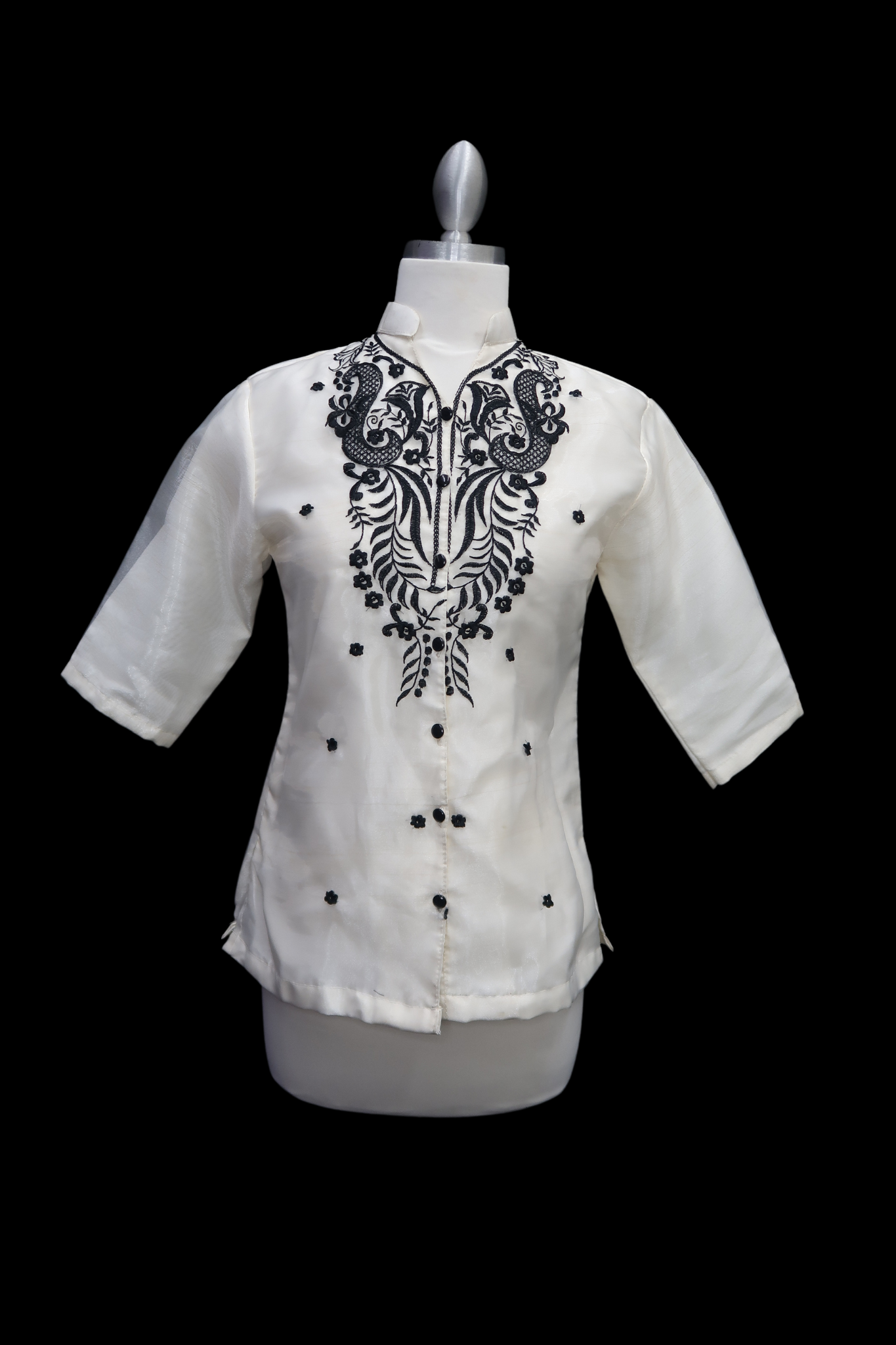 3/4 Sleeve Barong Blouse - Beige/Black