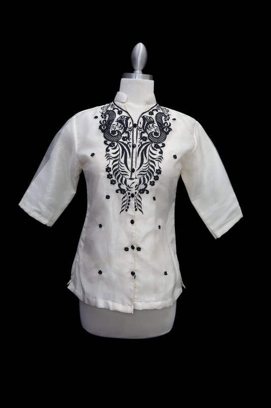 3/4 Sleeve Barong Blouse - Beige/Black
