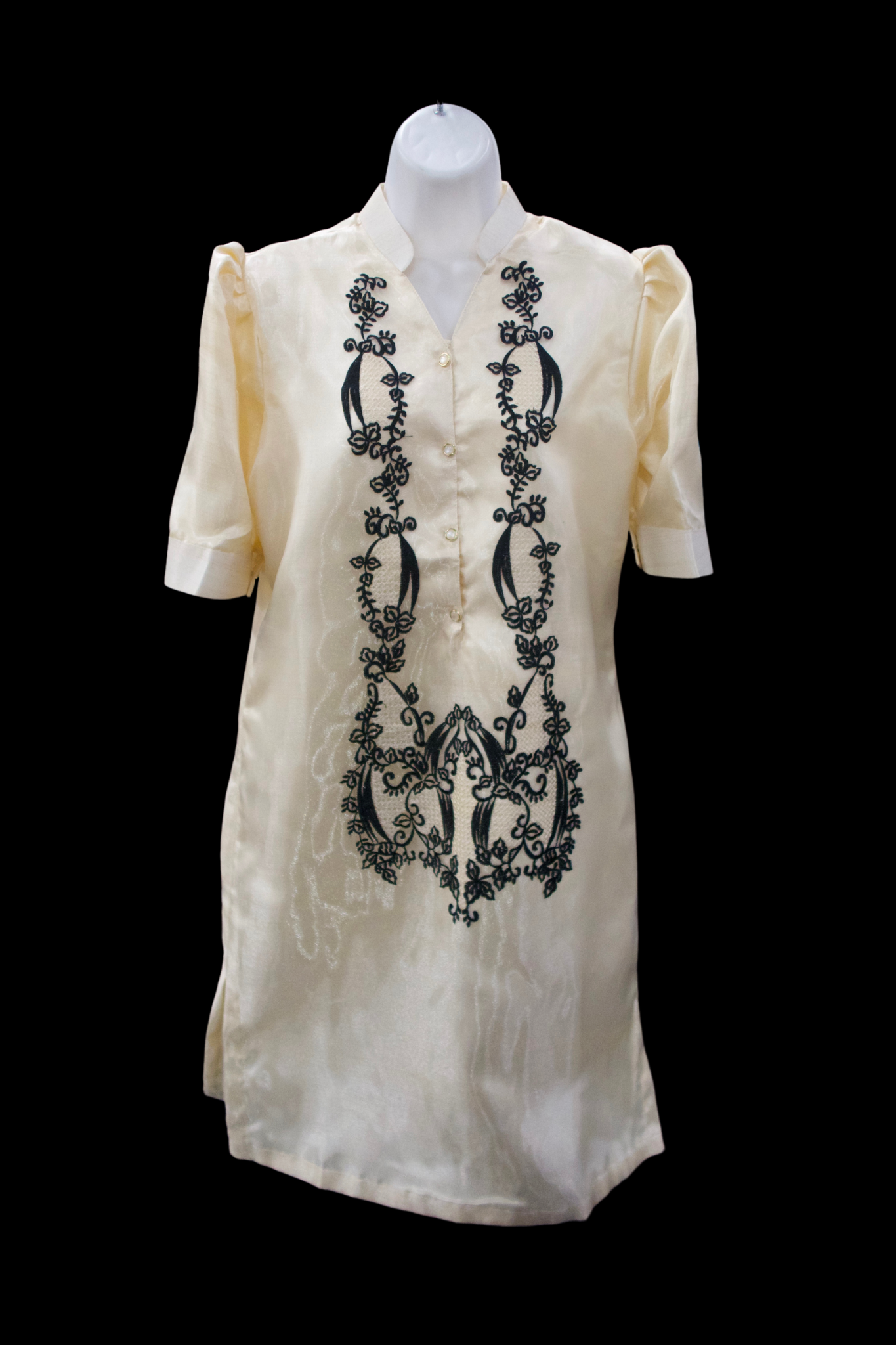 3/4 Puff Sleeve Barong Dress - Beige/Black