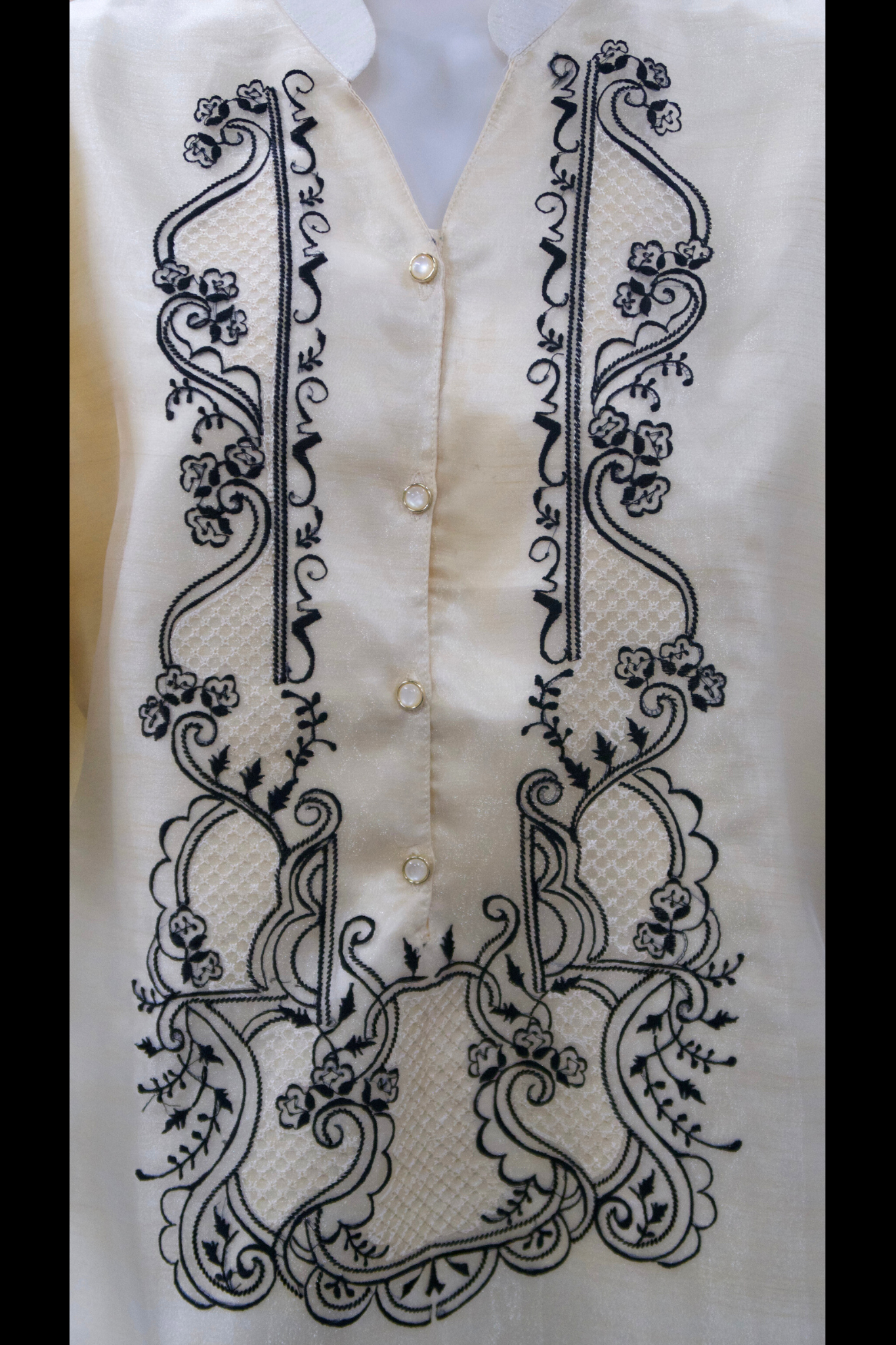 3/4 Puff Sleeve Barong Dress - Beige/Black 2