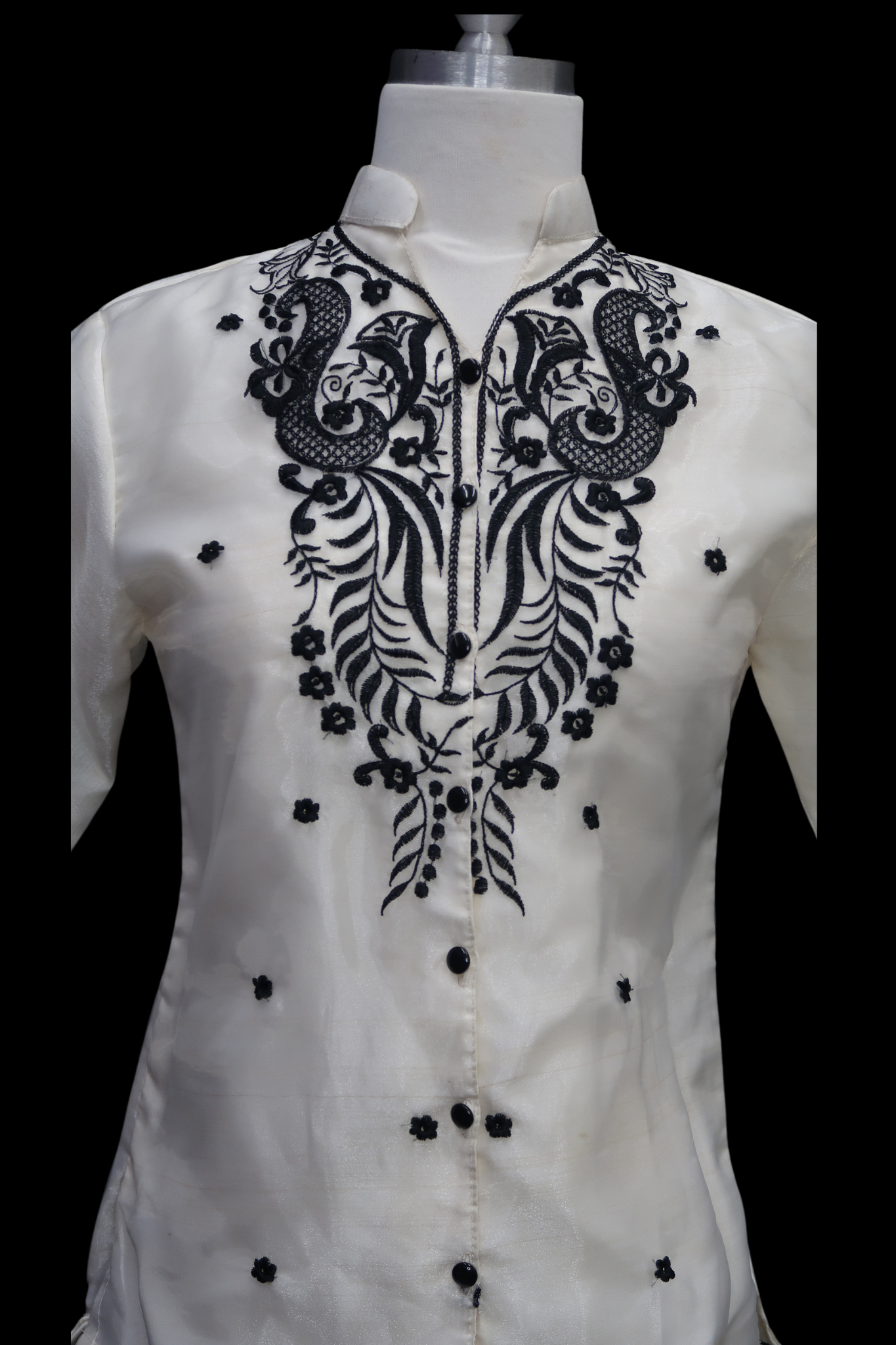 3/4 Sleeve Barong Blouse - Beige/Black