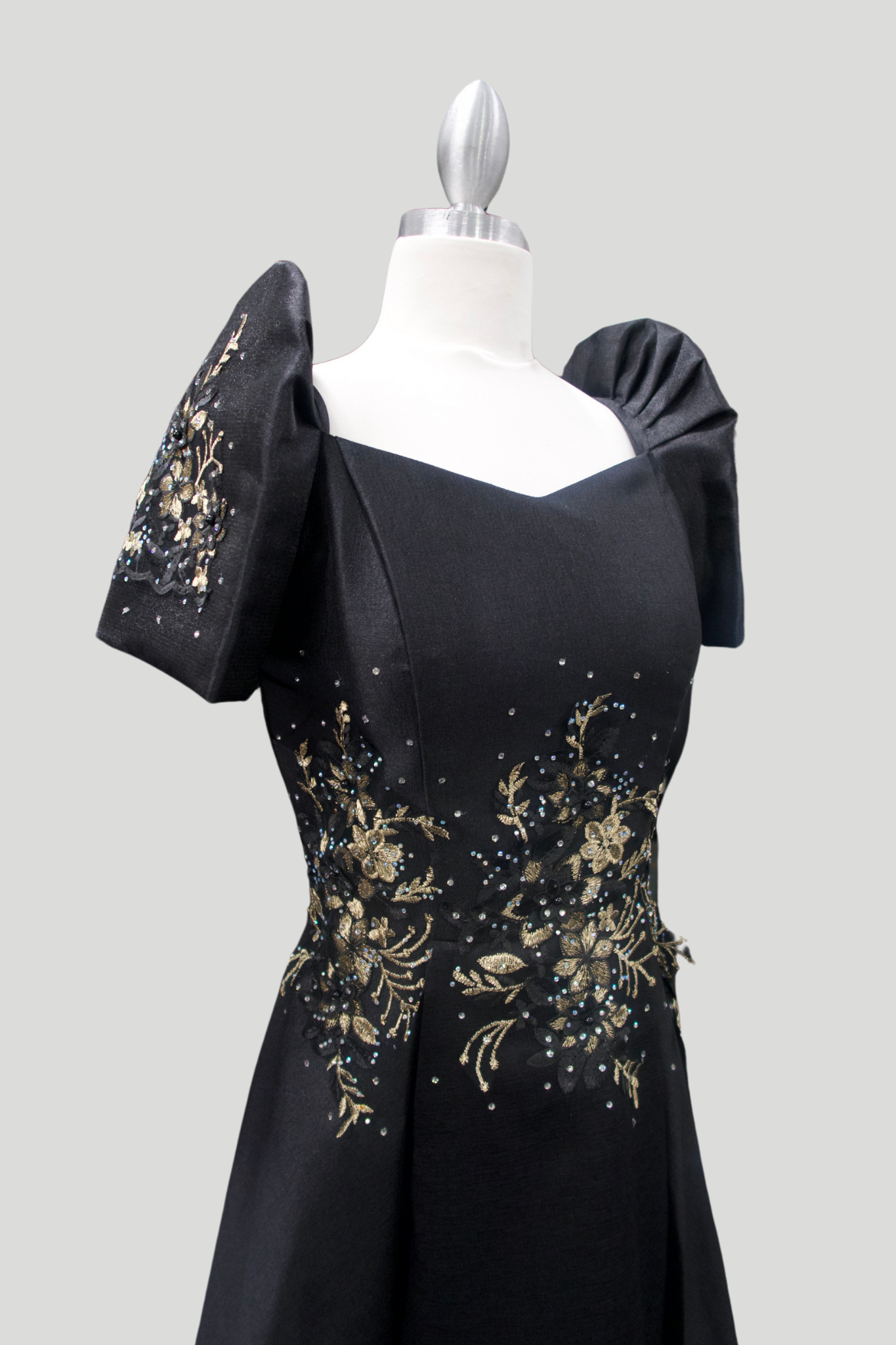 Metallic Gazar Box Pleated Gown - Black