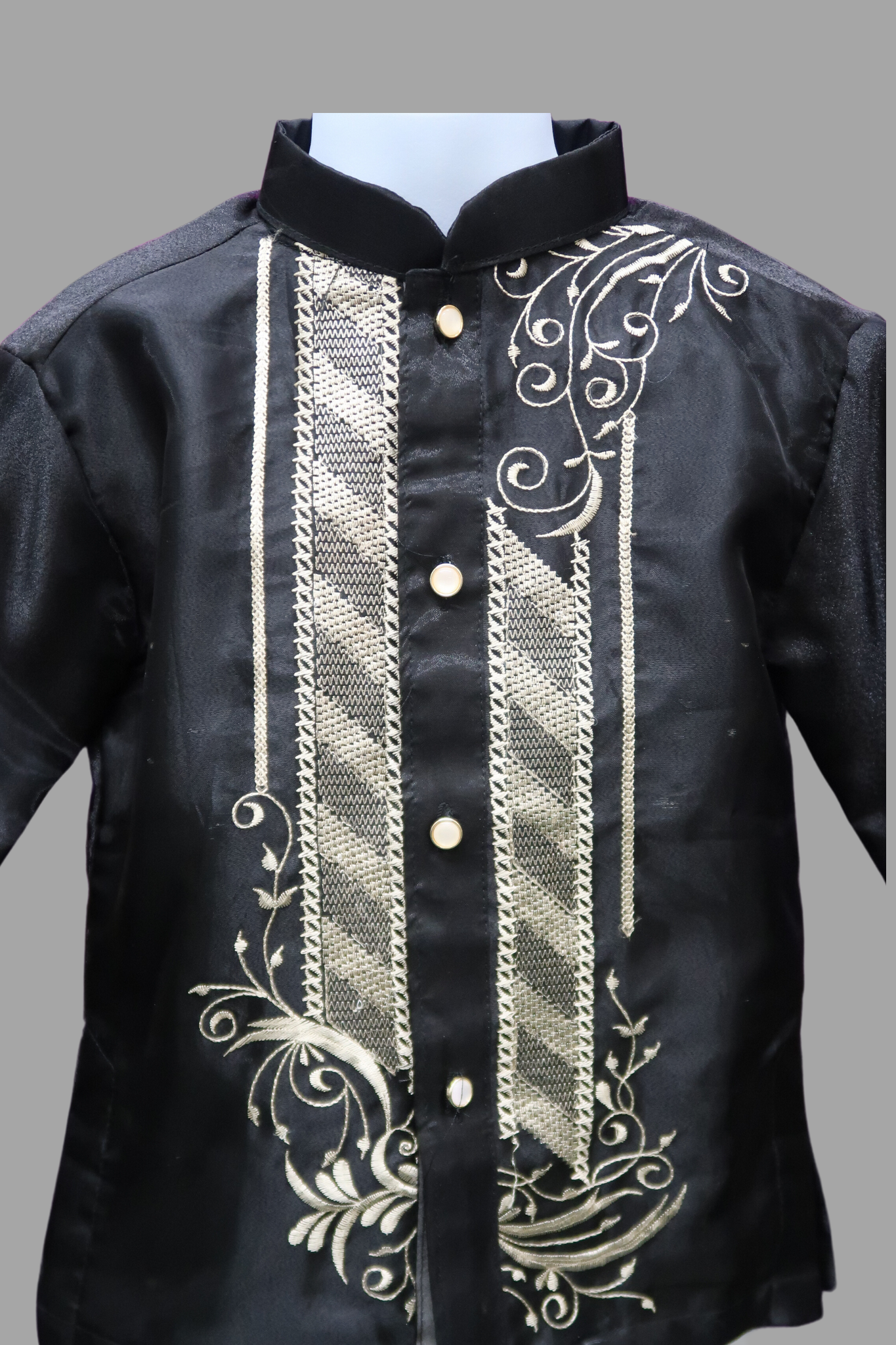 Kid's Organza Black Barong - Mandarin Collar