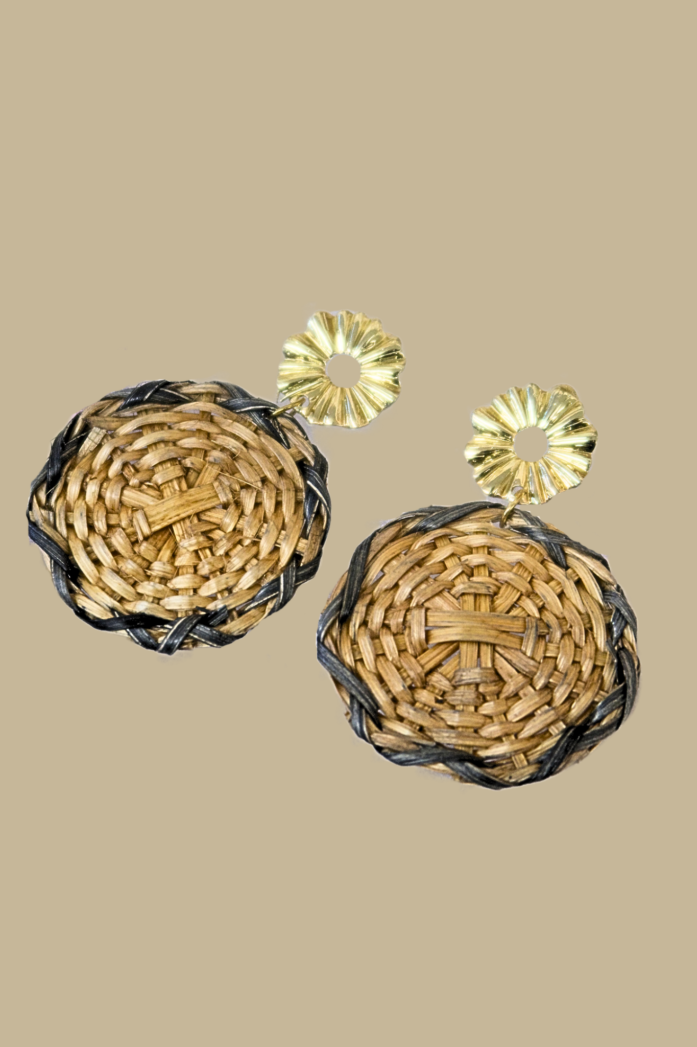 Circle Rattan Earrings - Tan/Black