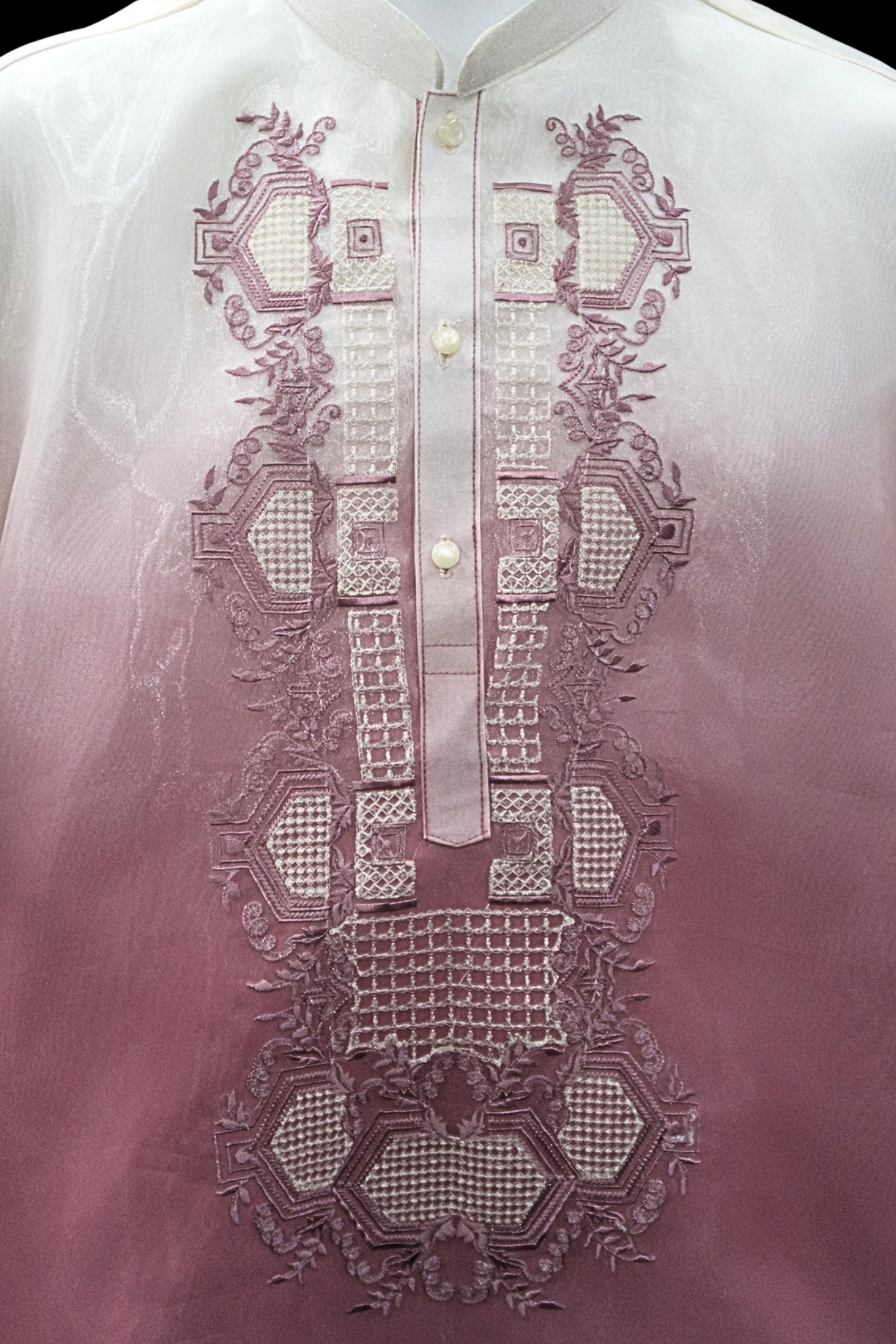 Short Sleeve Organza Barong - Beige/Old Rose