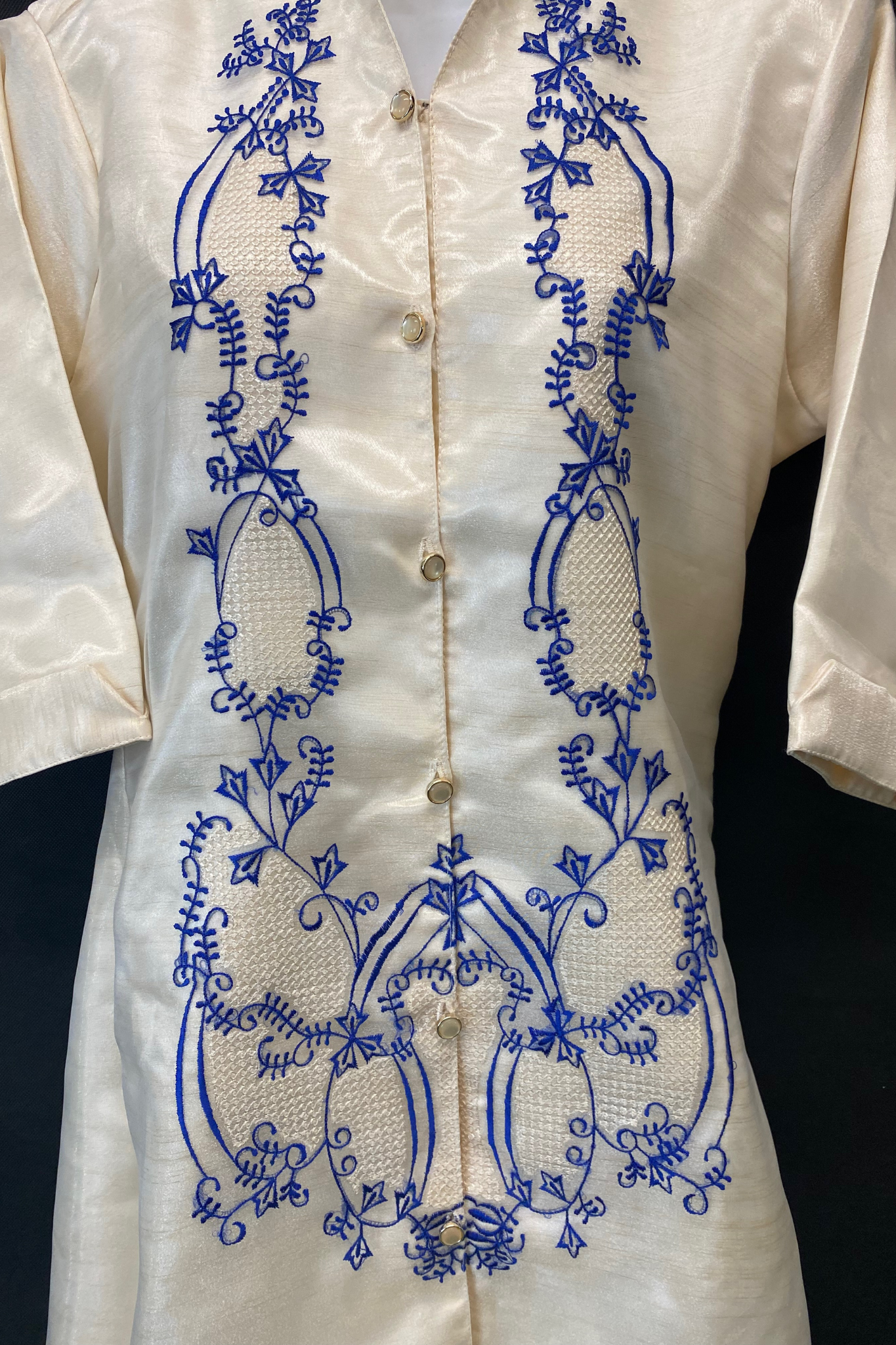 3/4 Sleeve Satin Barong Dress - Beige/Royal Blue