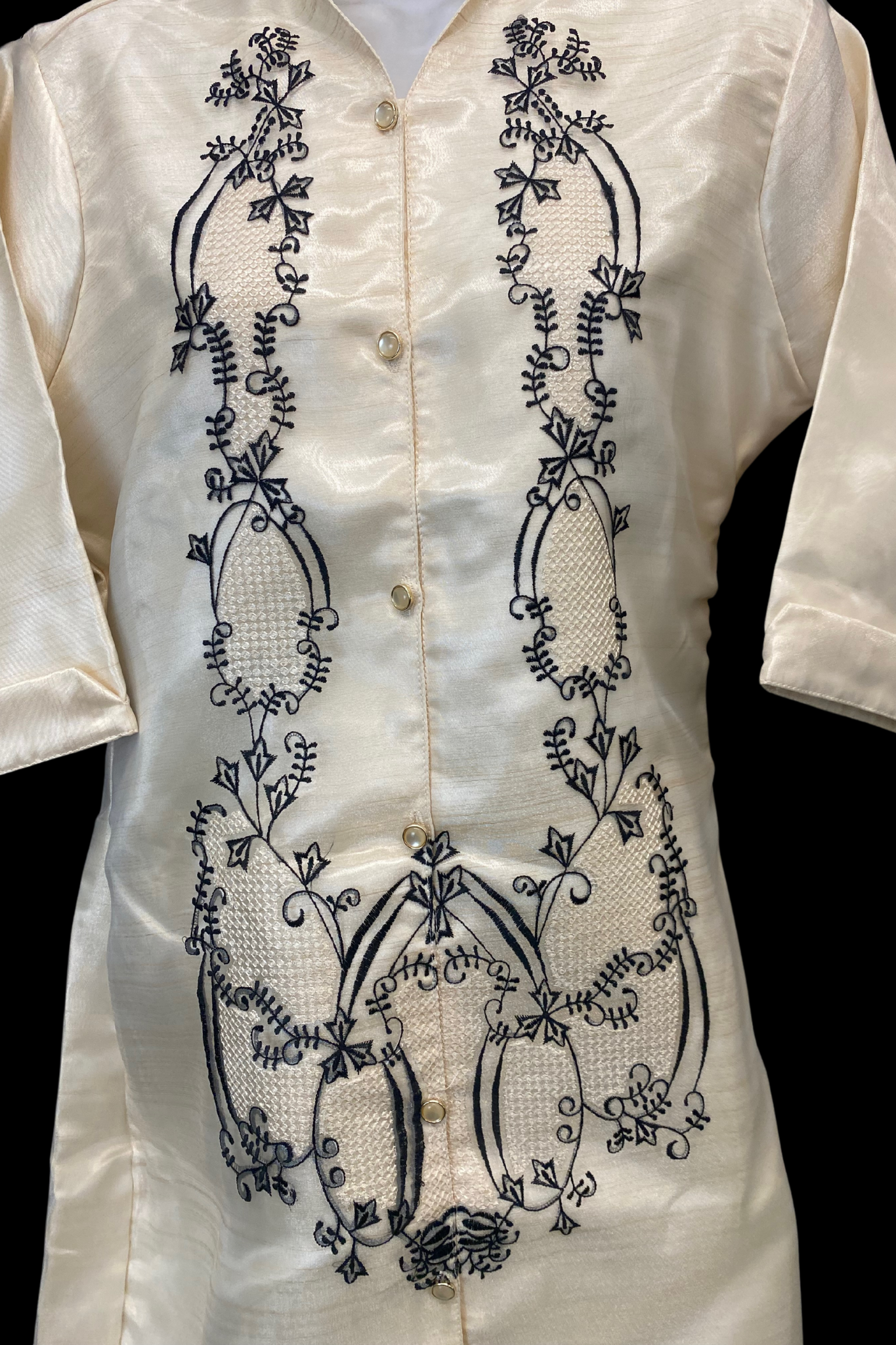 3/4 Sleeve Satin Barong Dress - Beige/Black