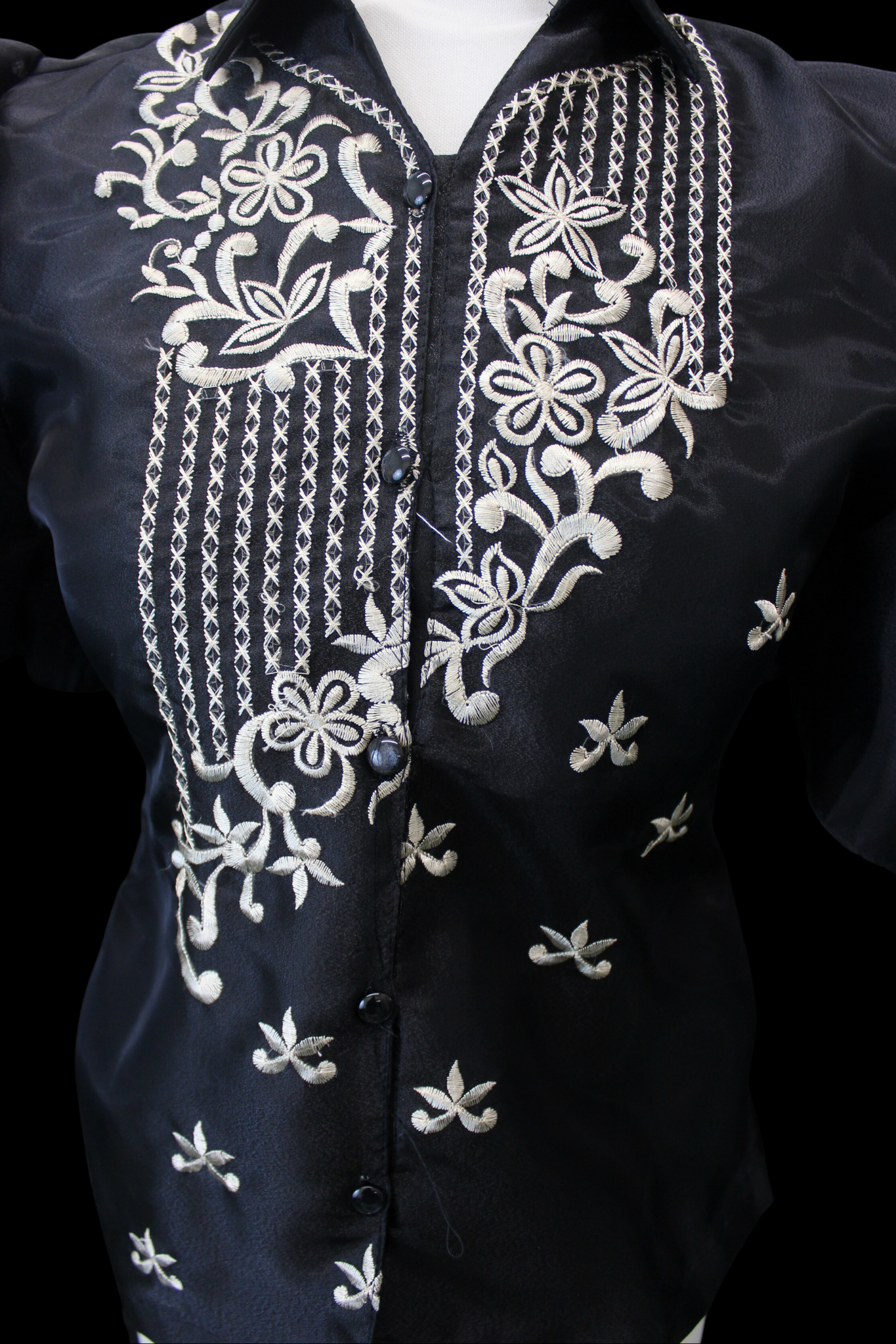 Black Filipiniana Blouse w/ Organza Sleeves