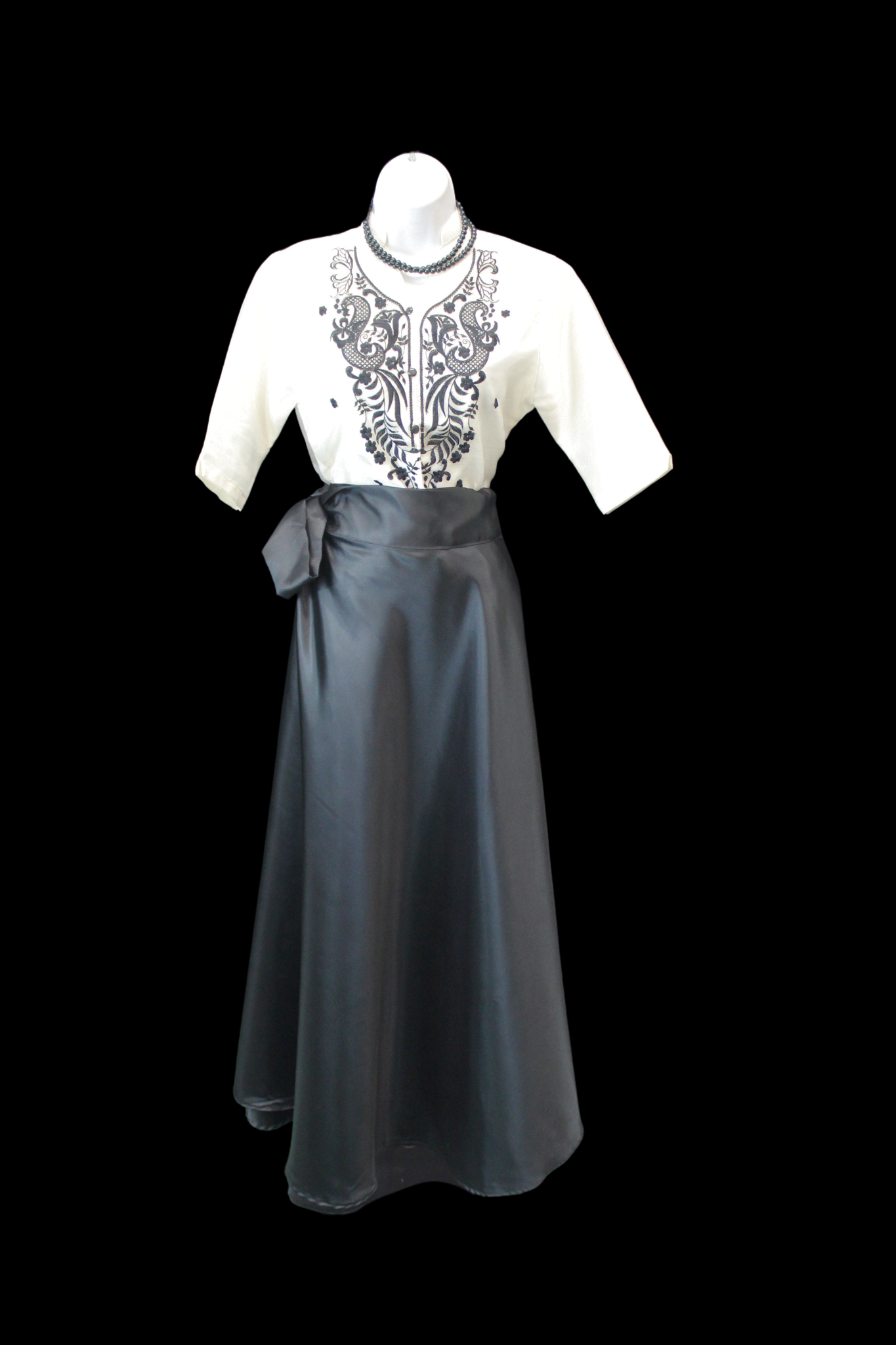 3/4 Sleeve Barong Blouse - Beige/Black