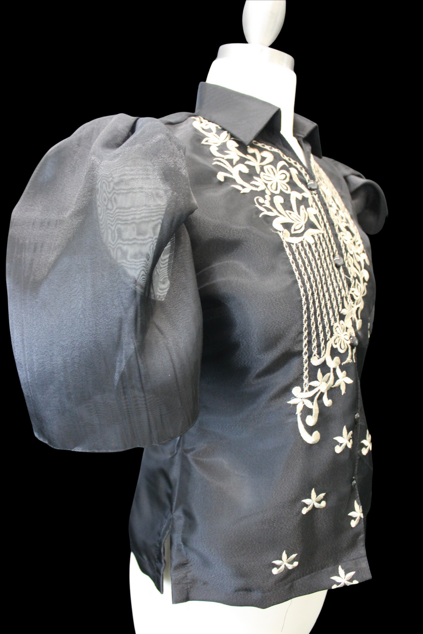 Black Filipiniana Blouse w/ Organza Sleeves