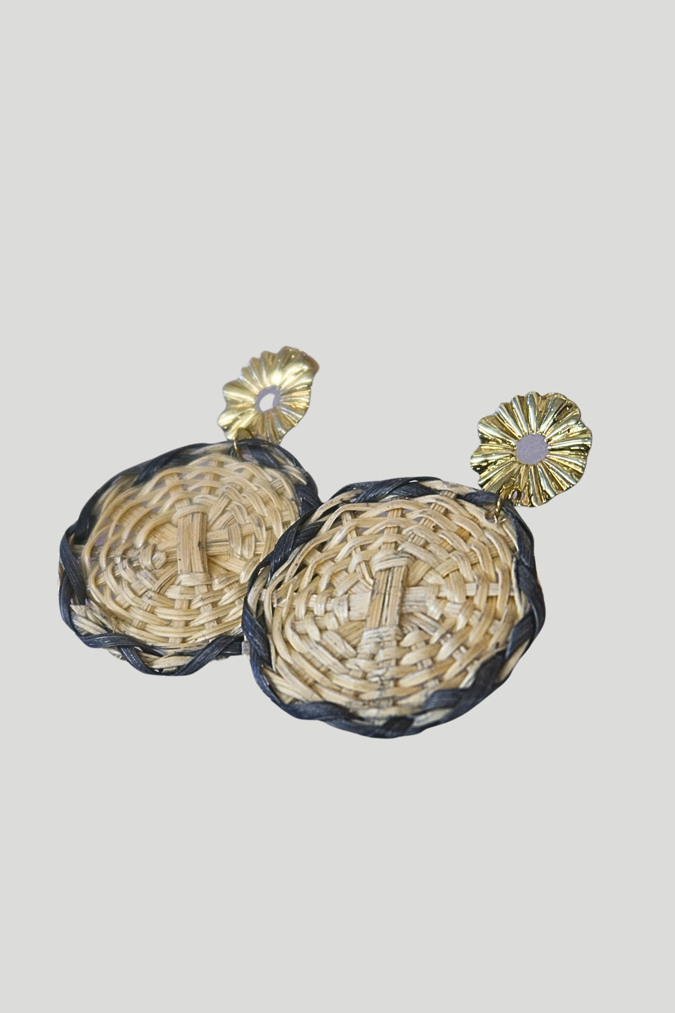 Circle Rattan Earrings - Beige/Black