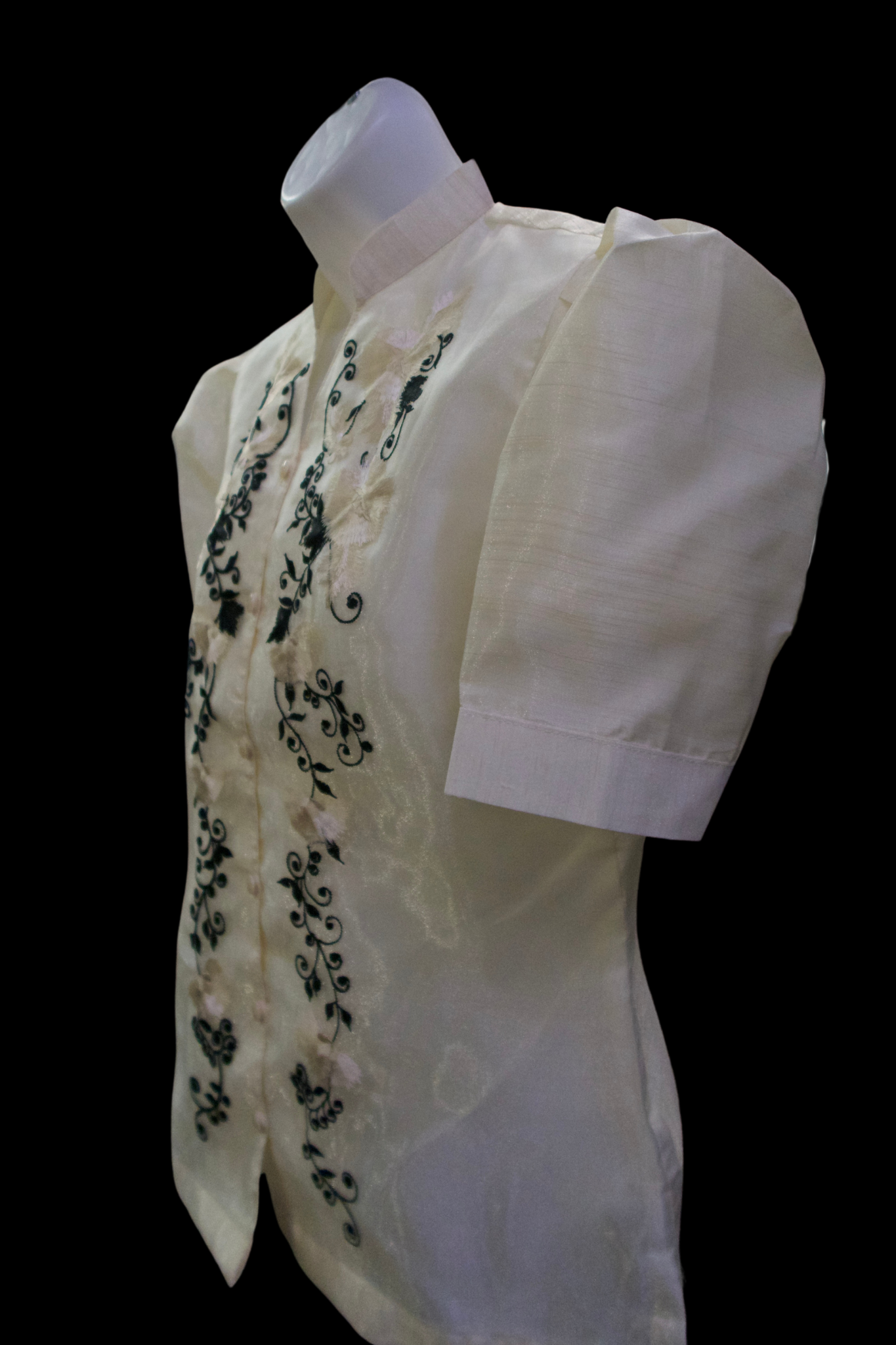 3/4 Puff Sleeve Barong Blouse - Beige/Black
