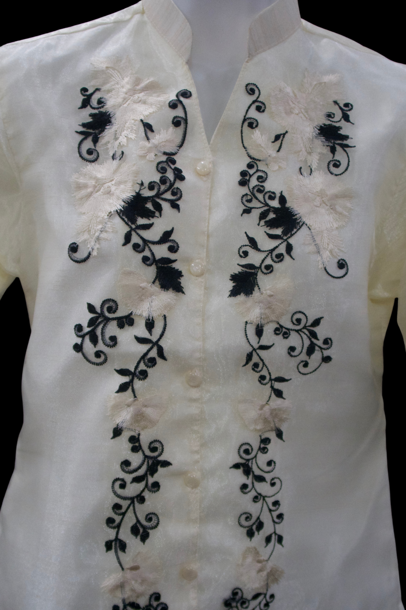 3/4 Puff Sleeve Barong Blouse - Beige/Black