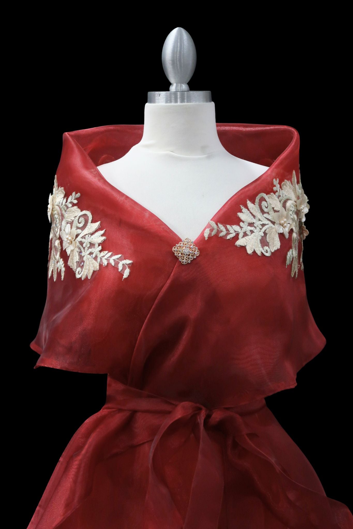 Lace Applique Panuelo - Burgundy & Beige