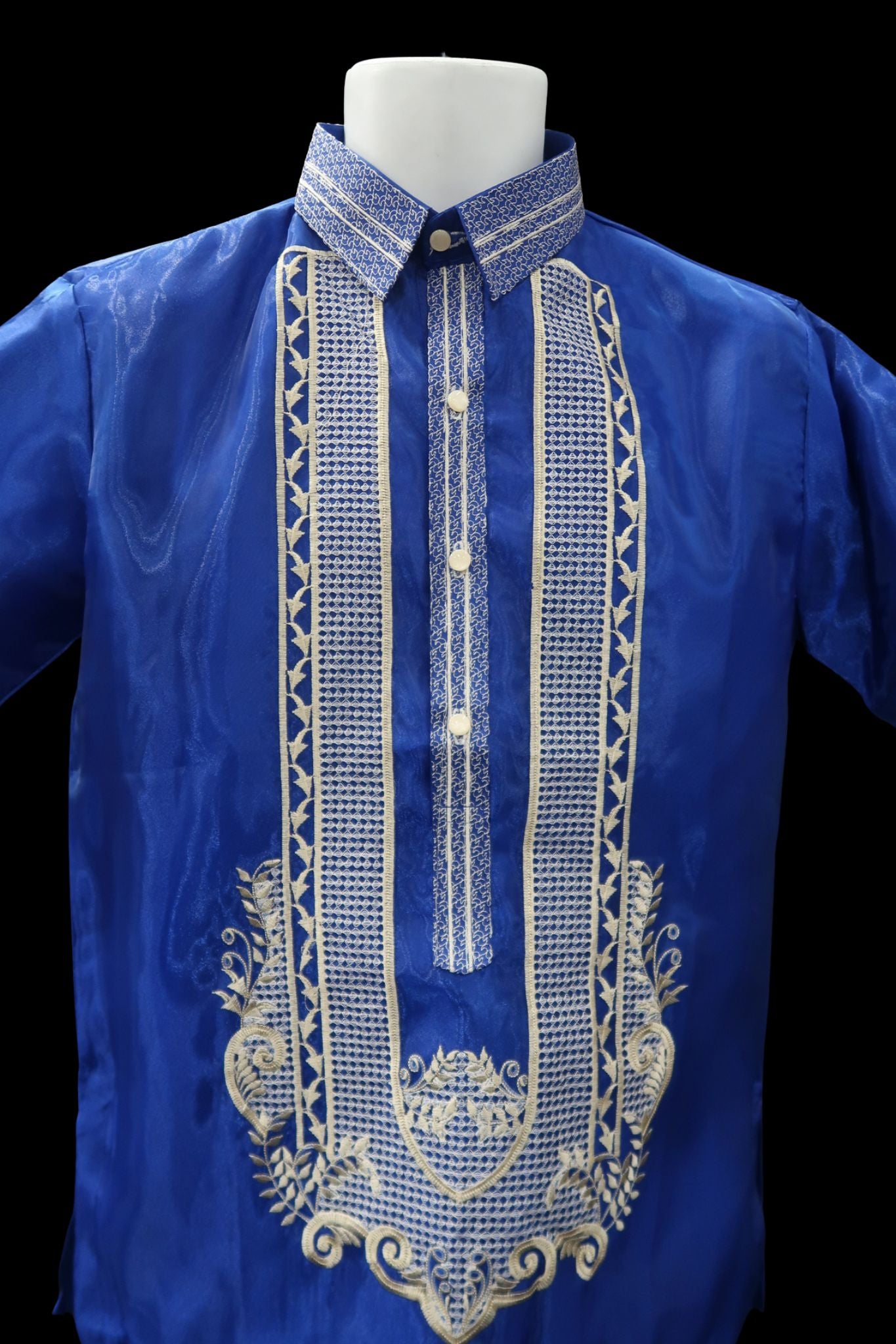 Short Sleeve Barong – Royal Blue Organza (Mark C Embroidery Designs)