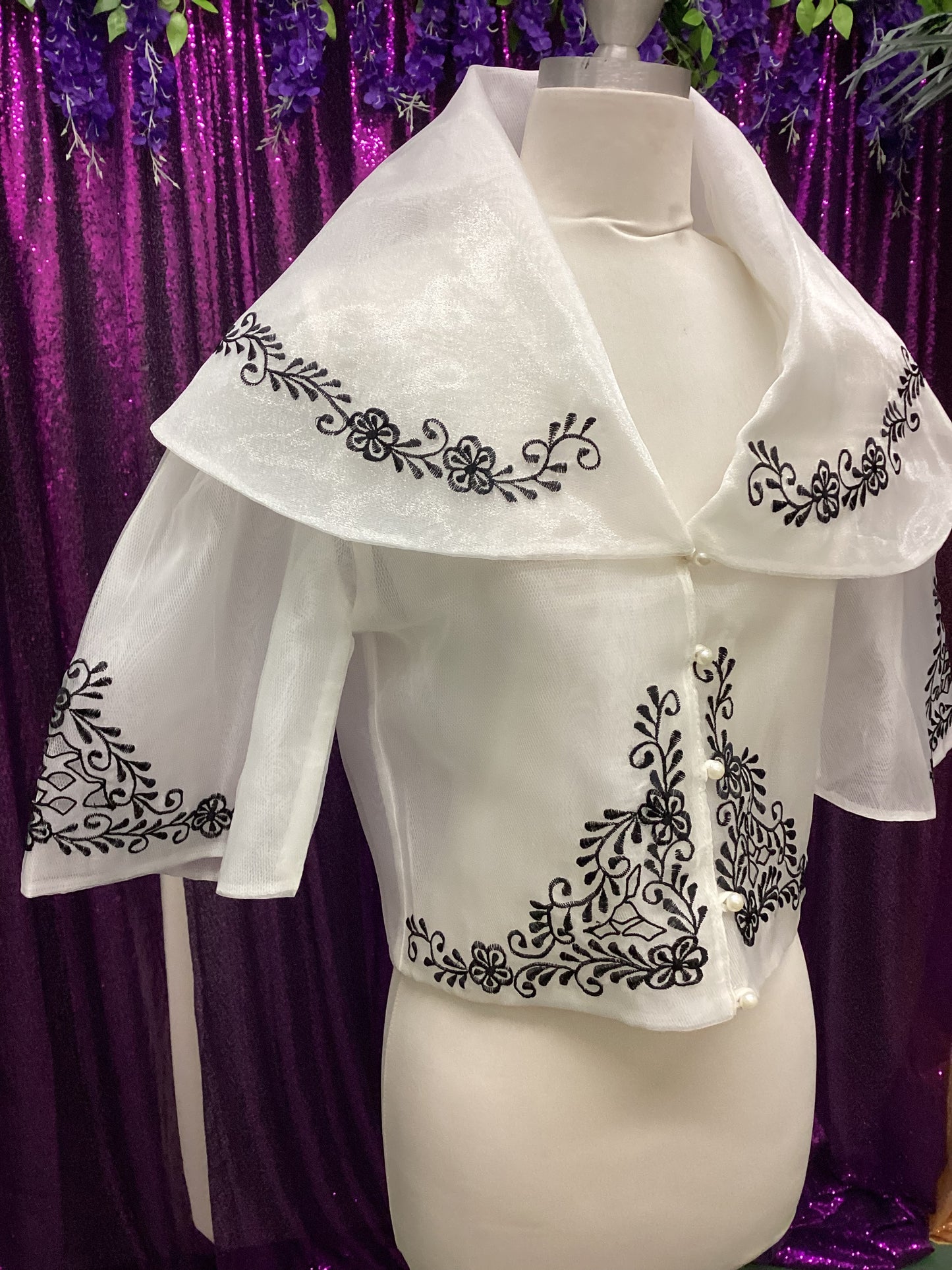 Maria Clara Filipiniana Blouse - White/Black
