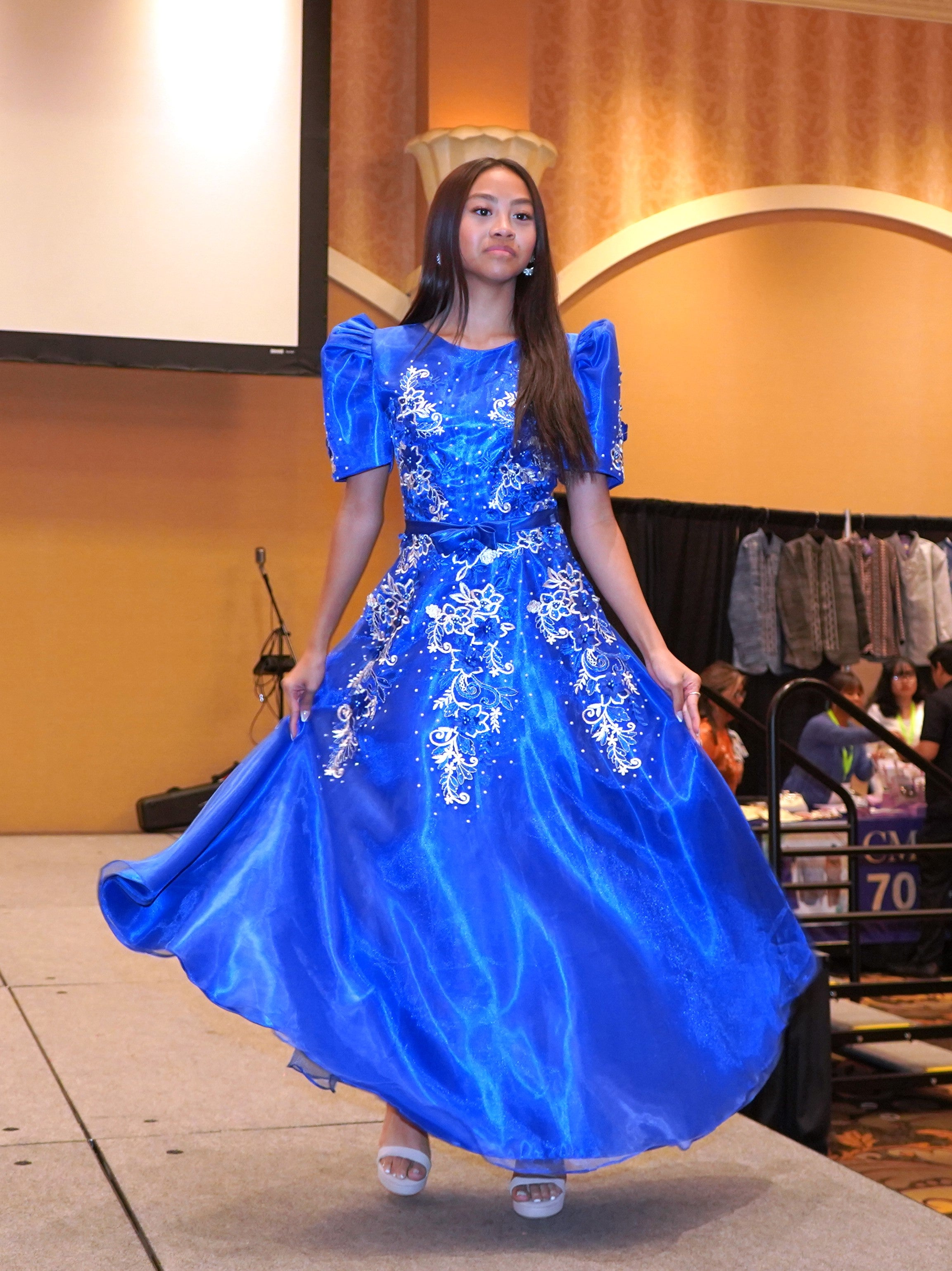 Royal Blue Mestiza Satin Gown w/ 3D Lace – CMC Boutique LV Royal Blue Mestiza Satin Gown w/ 3D Lace – CMC Boutique LV