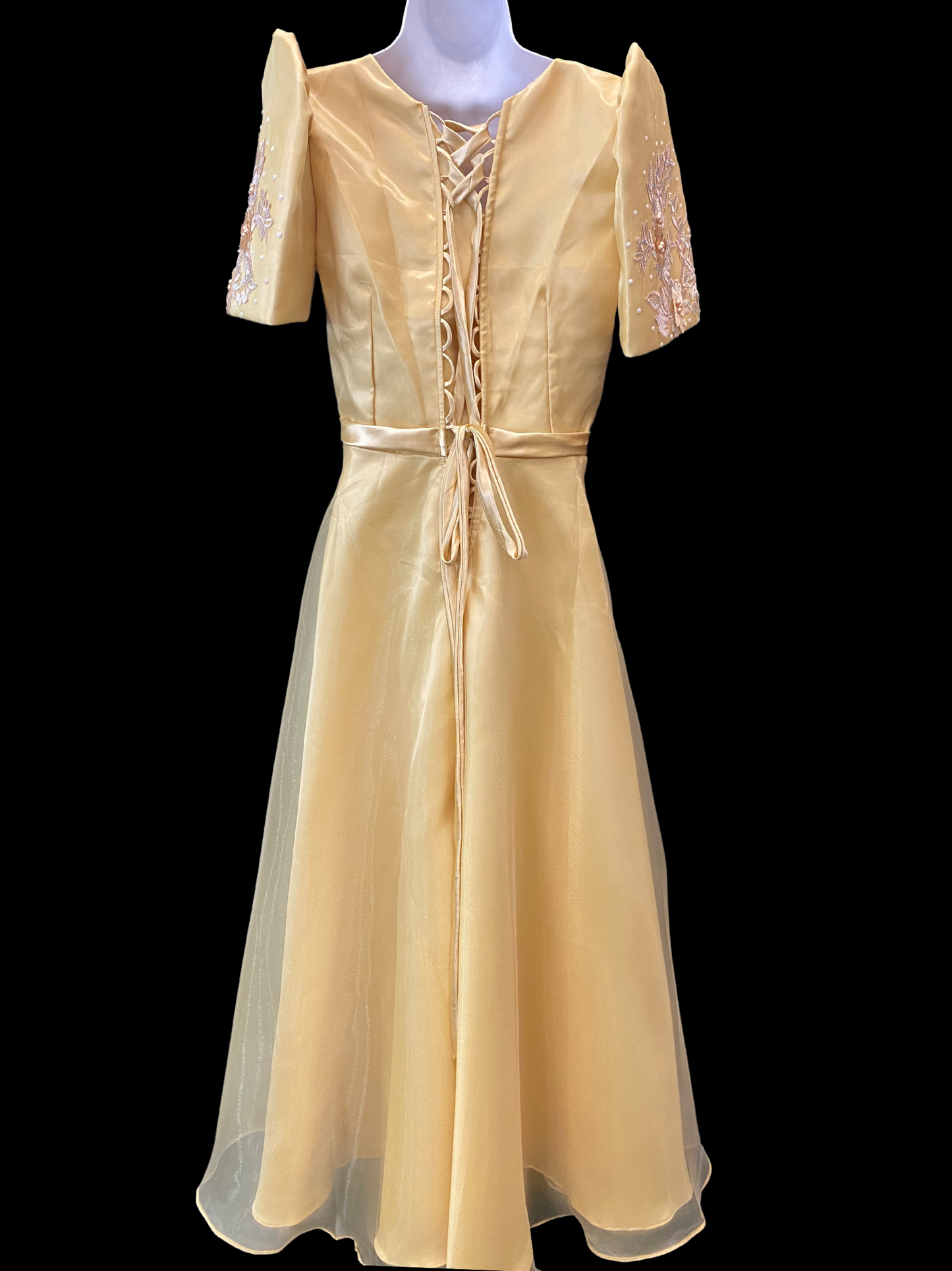 Matte Gold Mestiza Satin Gown w/ 3D Lace