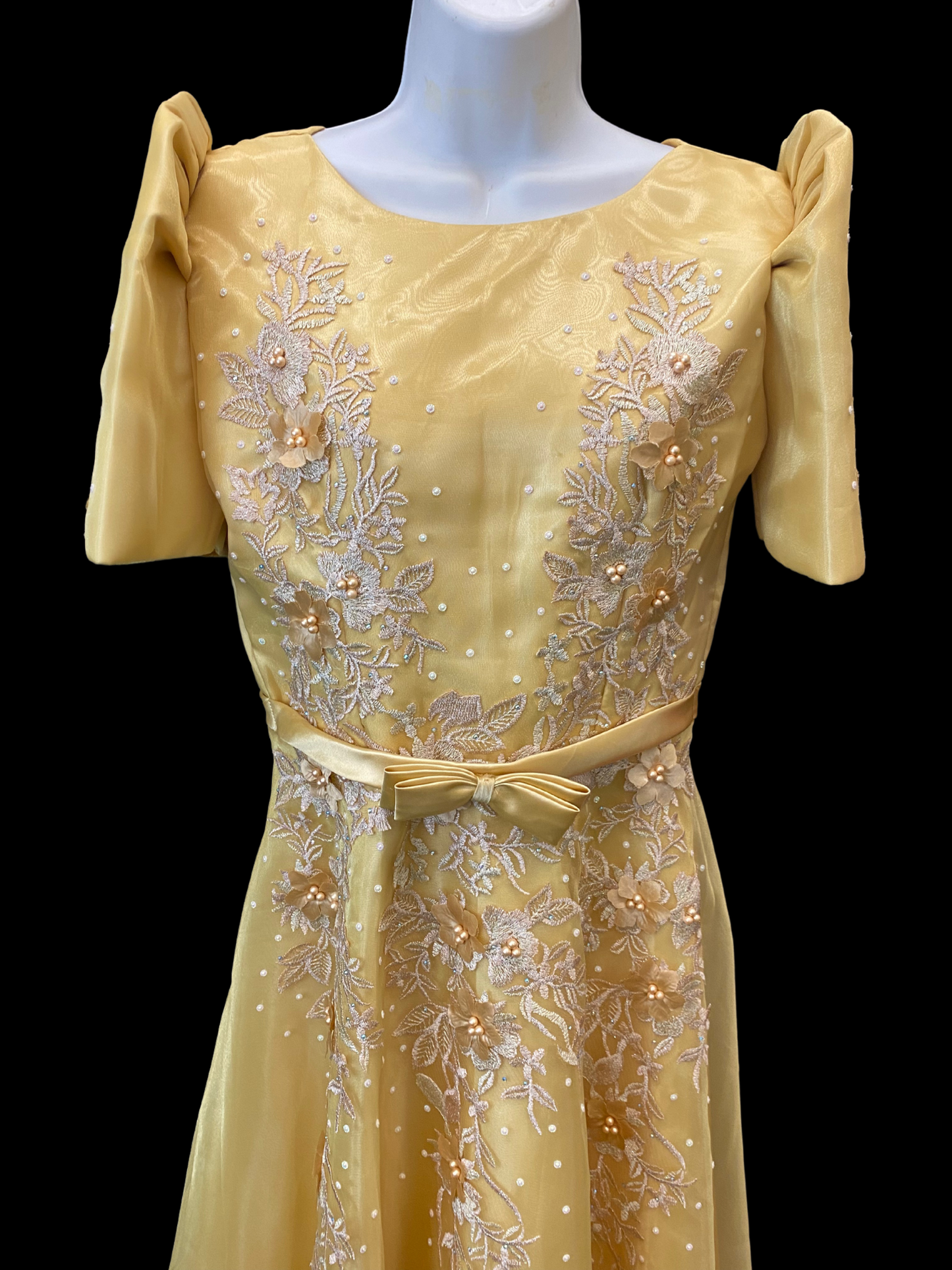 Matte Gold Mestiza Satin Gown w/ 3D Lace