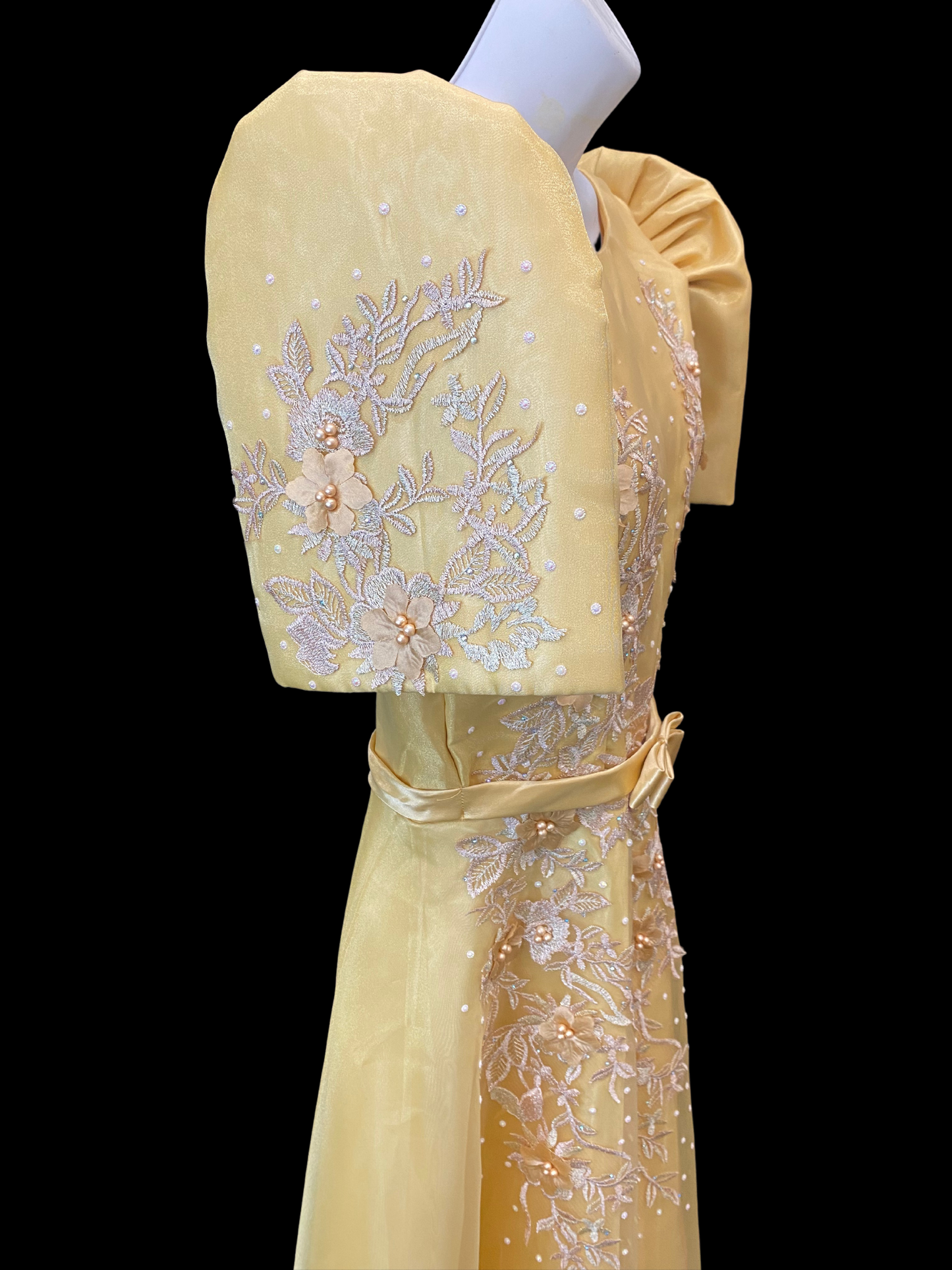 Matte Gold Mestiza Satin Gown w/ 3D Lace