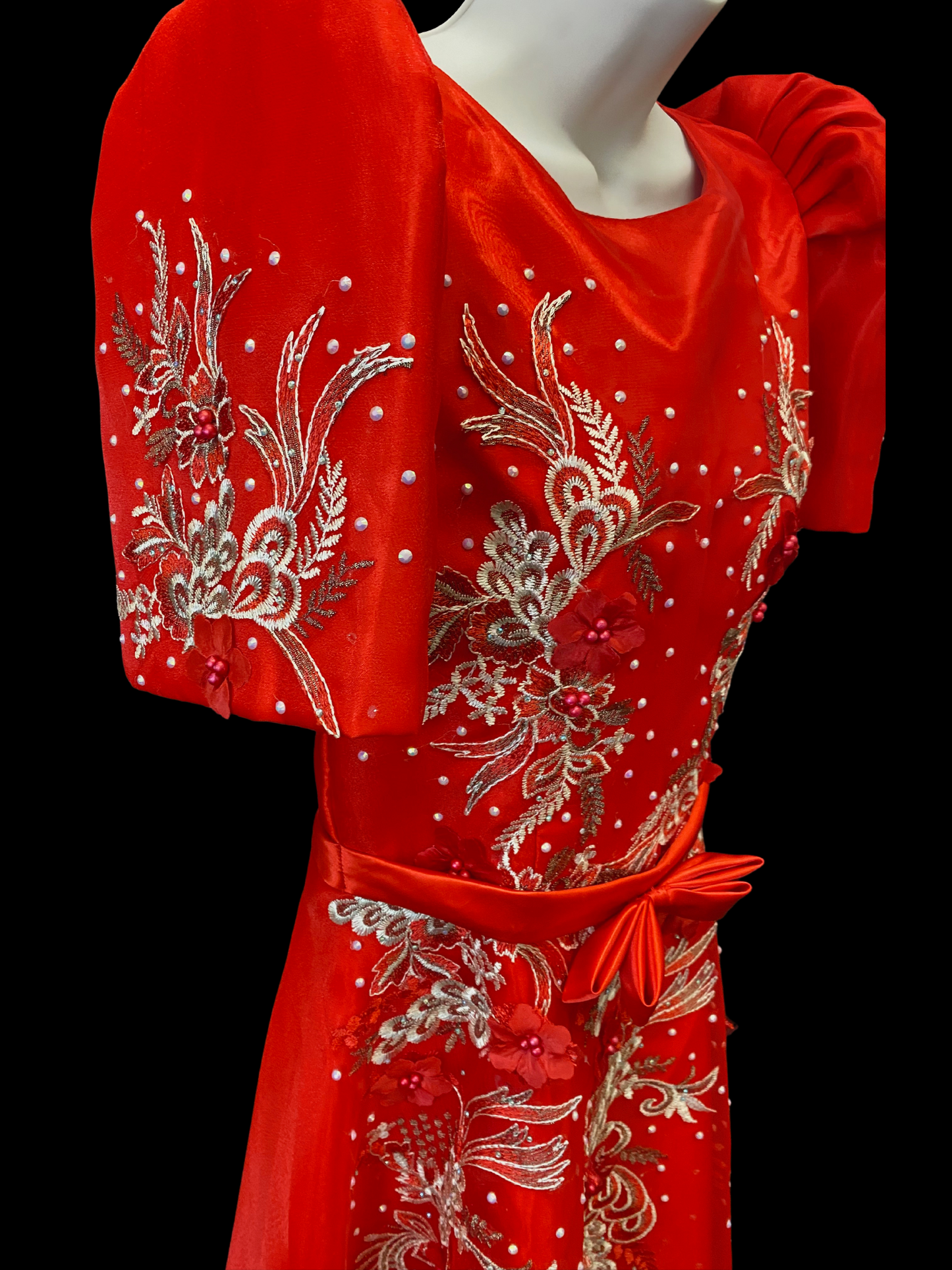 Red Mestiza Satin Gown w/ 3D Lace