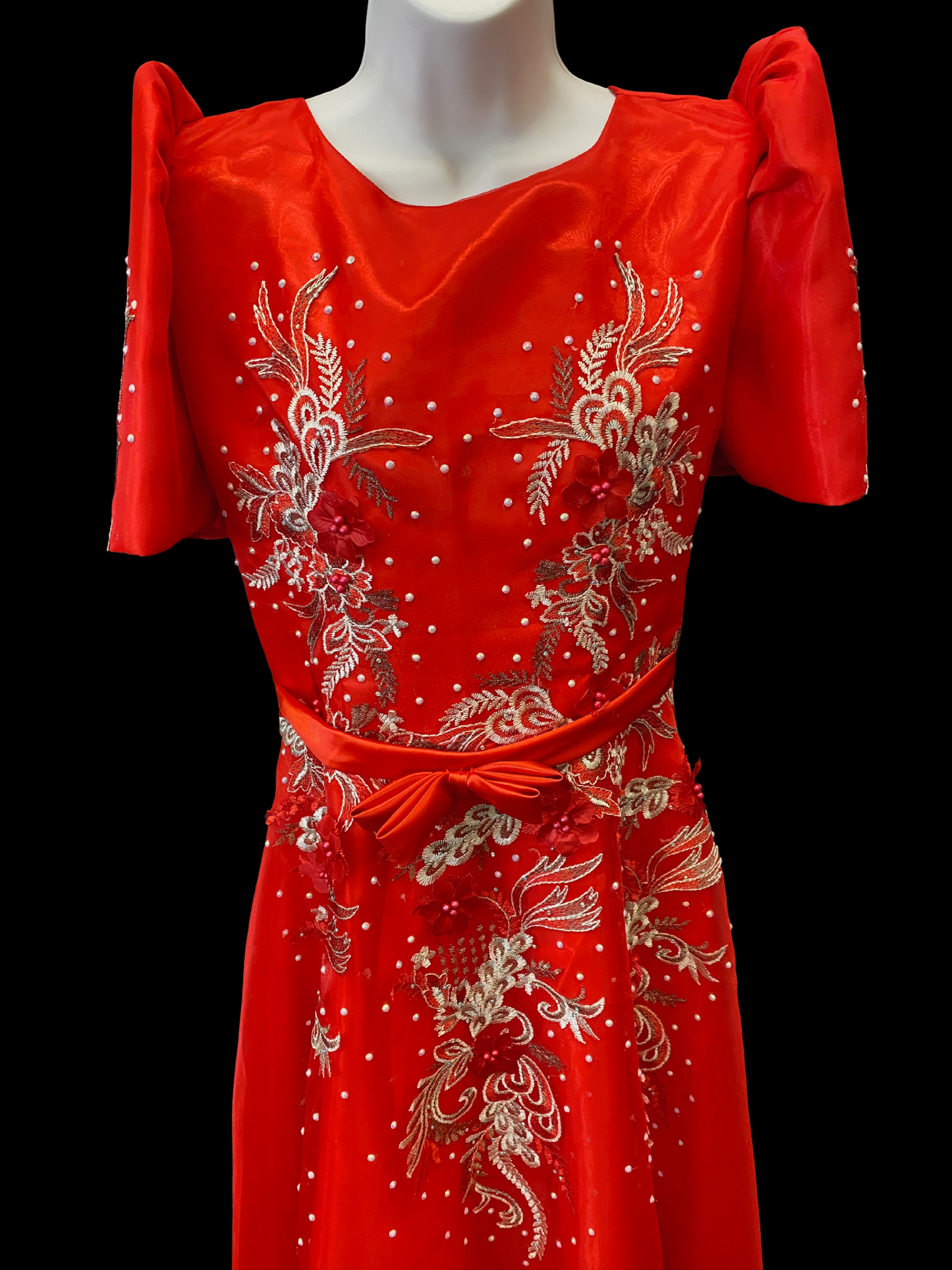 Red Mestiza Satin Gown w/ 3D Lace