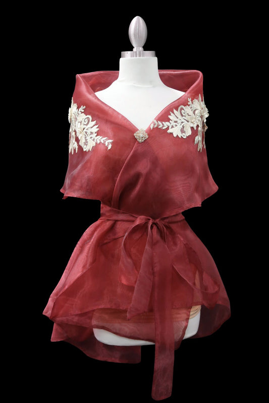 Lace Applique Panuelo - Burgundy & Beige