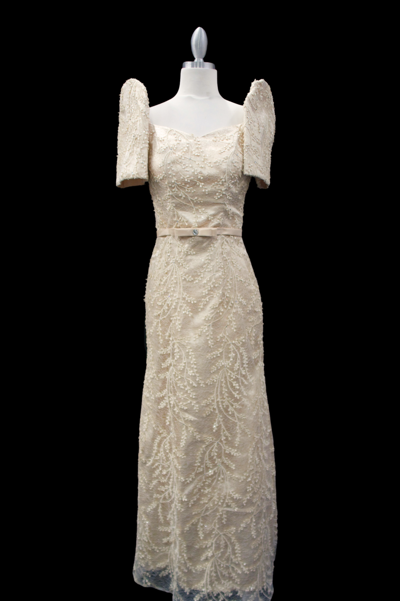 Full Lace Gown with Belt - Beige