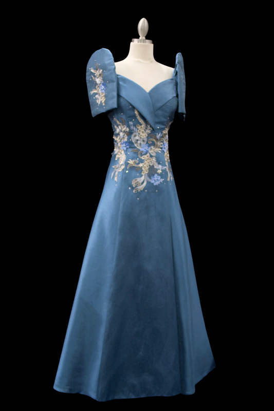 Metallic Gazar Overlap Gown - Dusty Blue