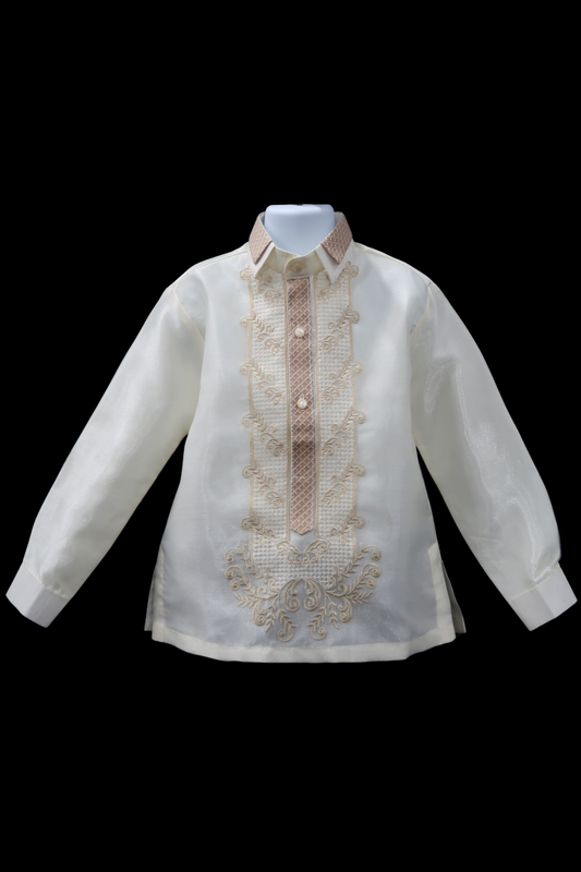 Kids Double Collar Barong - Beige Organza