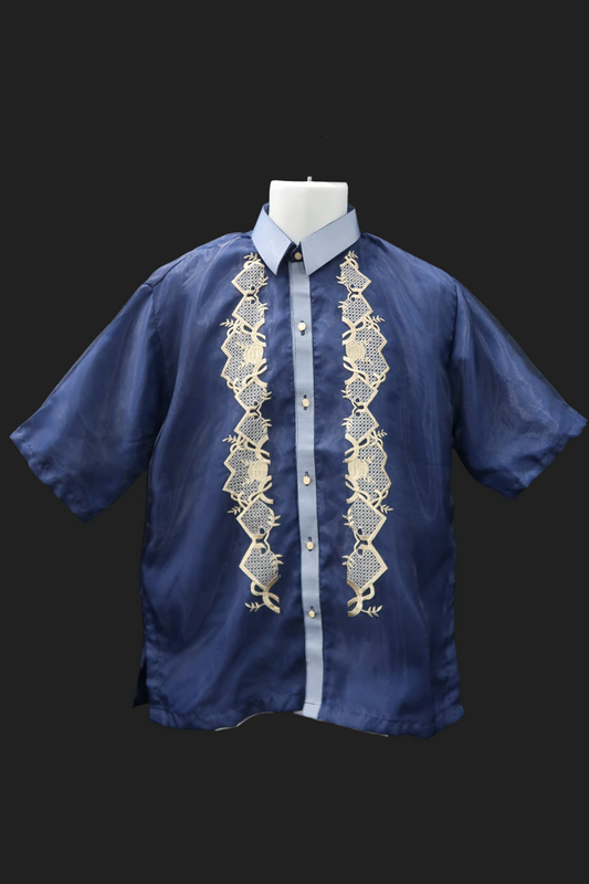 Navy Blue Short Sleeve Organza Barong - Dario