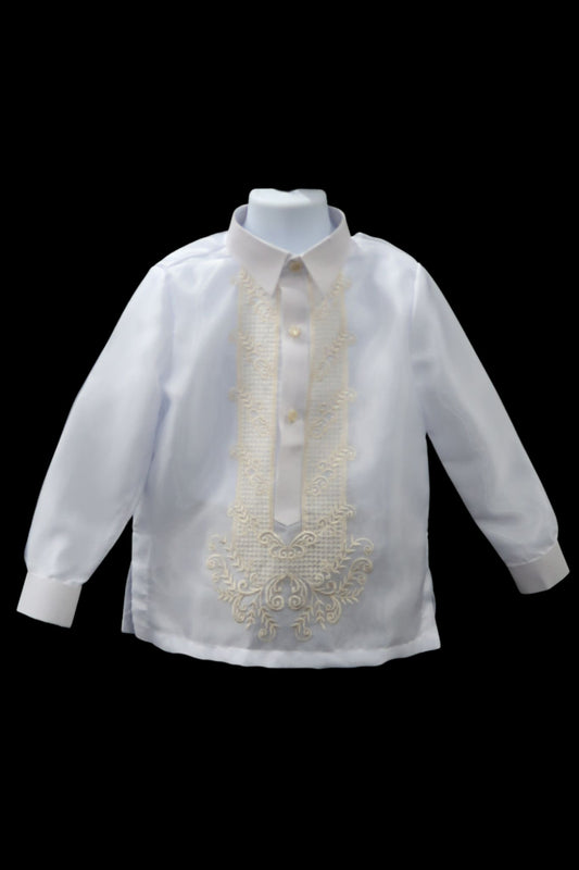 Kids Twine Barong - White & Beige Organza