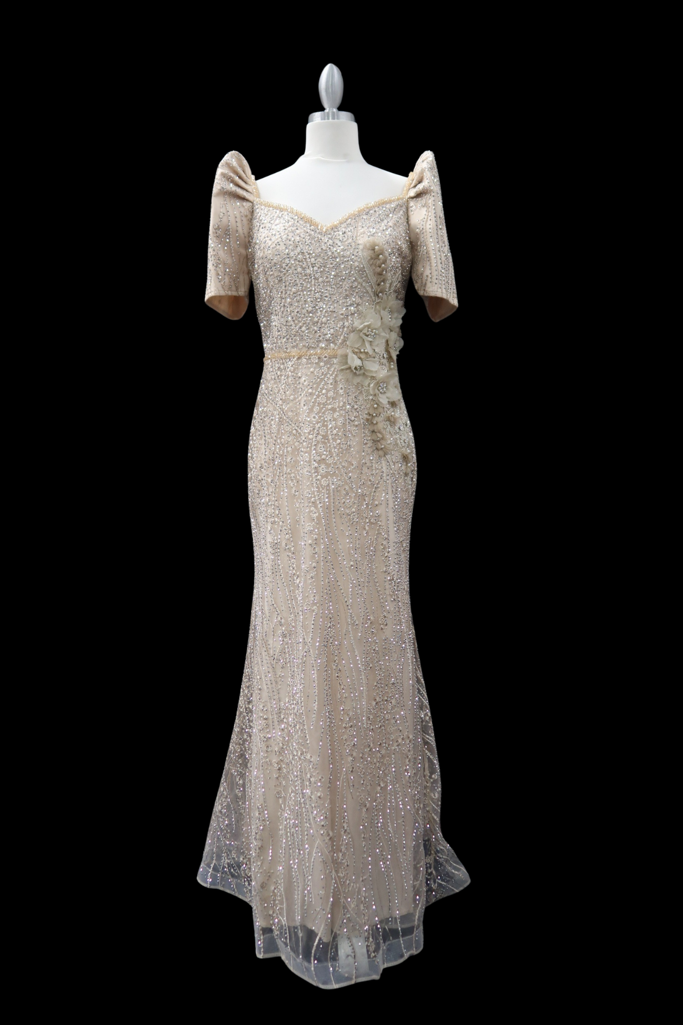 Serafina Rhinestone/Beaded Mestiza Gown - Beige
