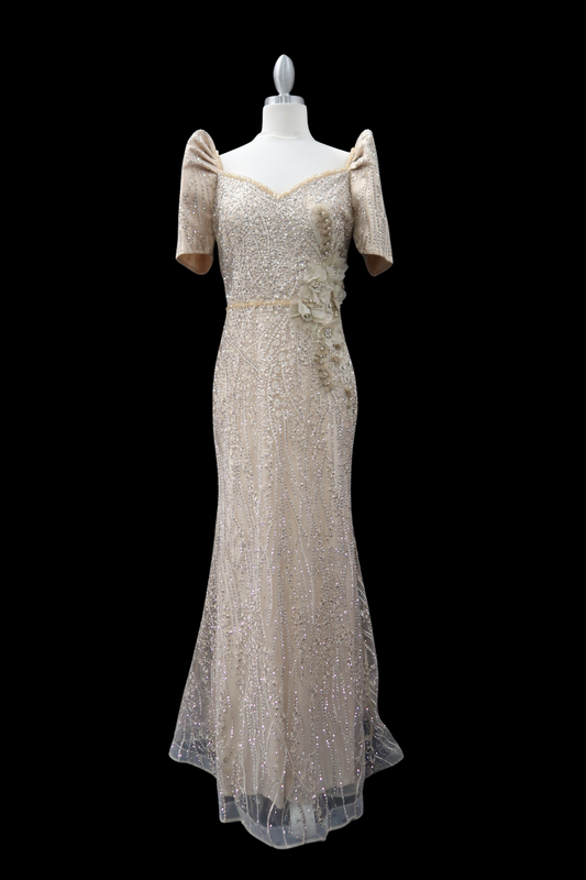 Serafina Rhinestone/Beaded Mestiza Gown - Beige