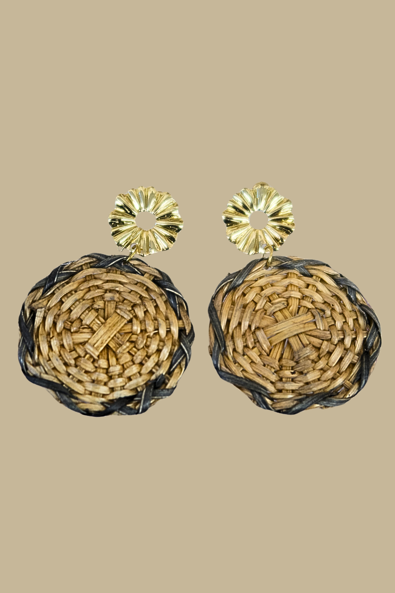 Circle Rattan Earrings - Tan/Black
