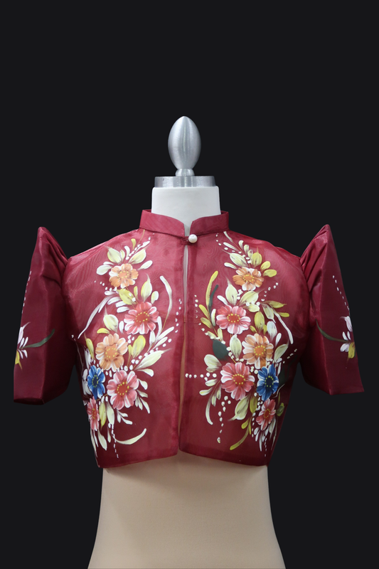 Hand Painted Single Button Bolero - Burgundy