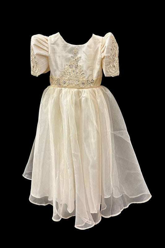 Girls Lace Applique Filipiniana Gown - Beige