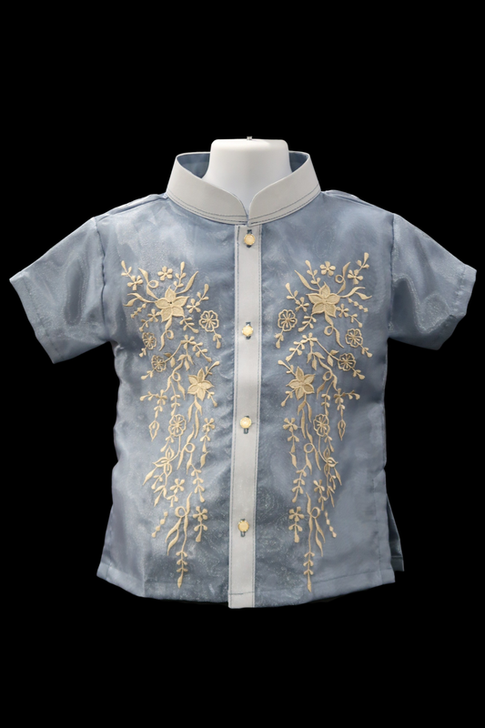 Kids Short Sleeve Barong - Dusty Blue Organza