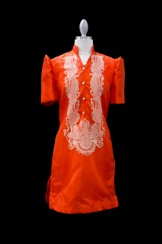 Satin Barong Dress - Red Orange