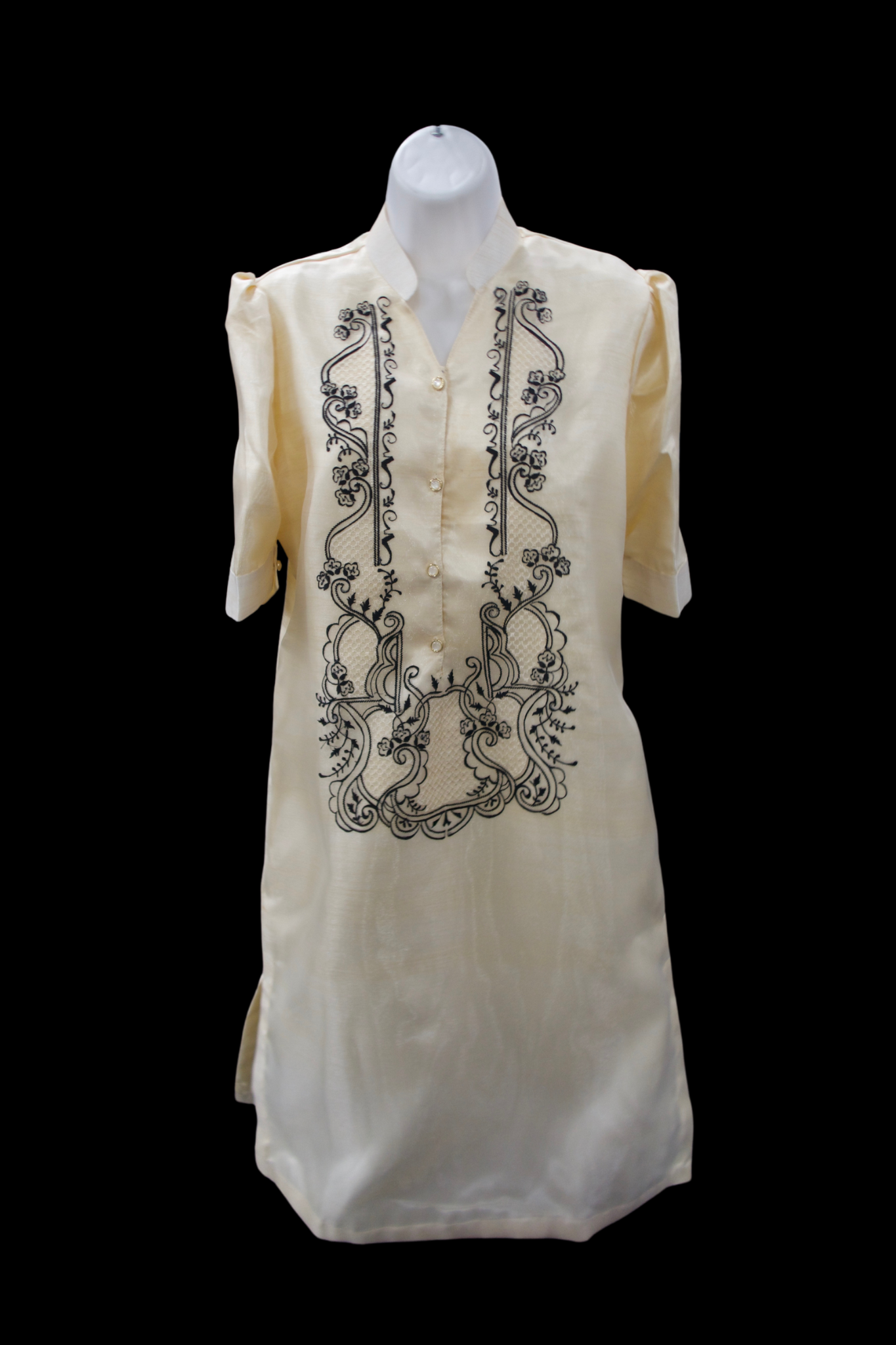 3/4 Puff Sleeve Barong Dress - Beige/Black 2