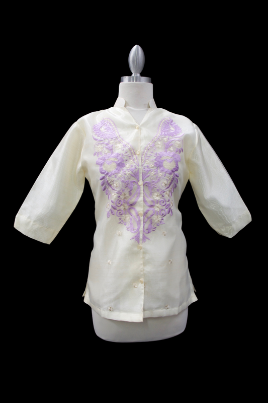 3/4 Sleeve Barong Blouse - Beige/Lavender