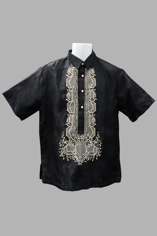 Talim Short Sleeve Barong – Black & Mocha Organza