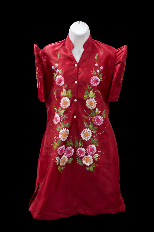 Handpainted Barong Dress - Burgundy