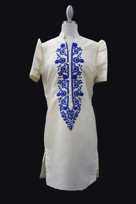 Jusilyn Barong Dress - Beige & Royal Blue