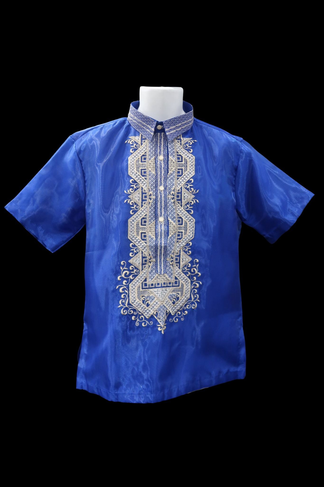 Short Sleeve Barong – Royal Blue Organza (Mark C Embroidery Designs)