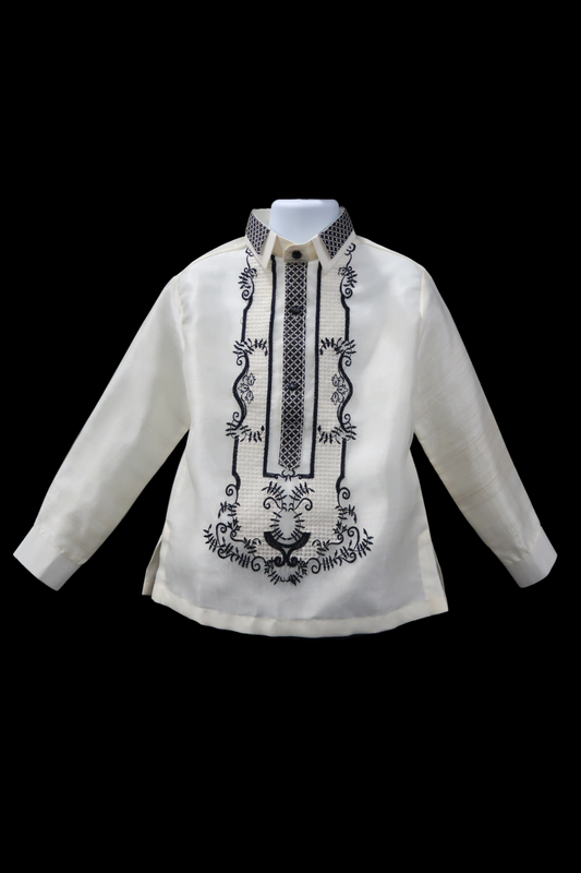 Kids Double Collar Barong - Beige & Black Organza